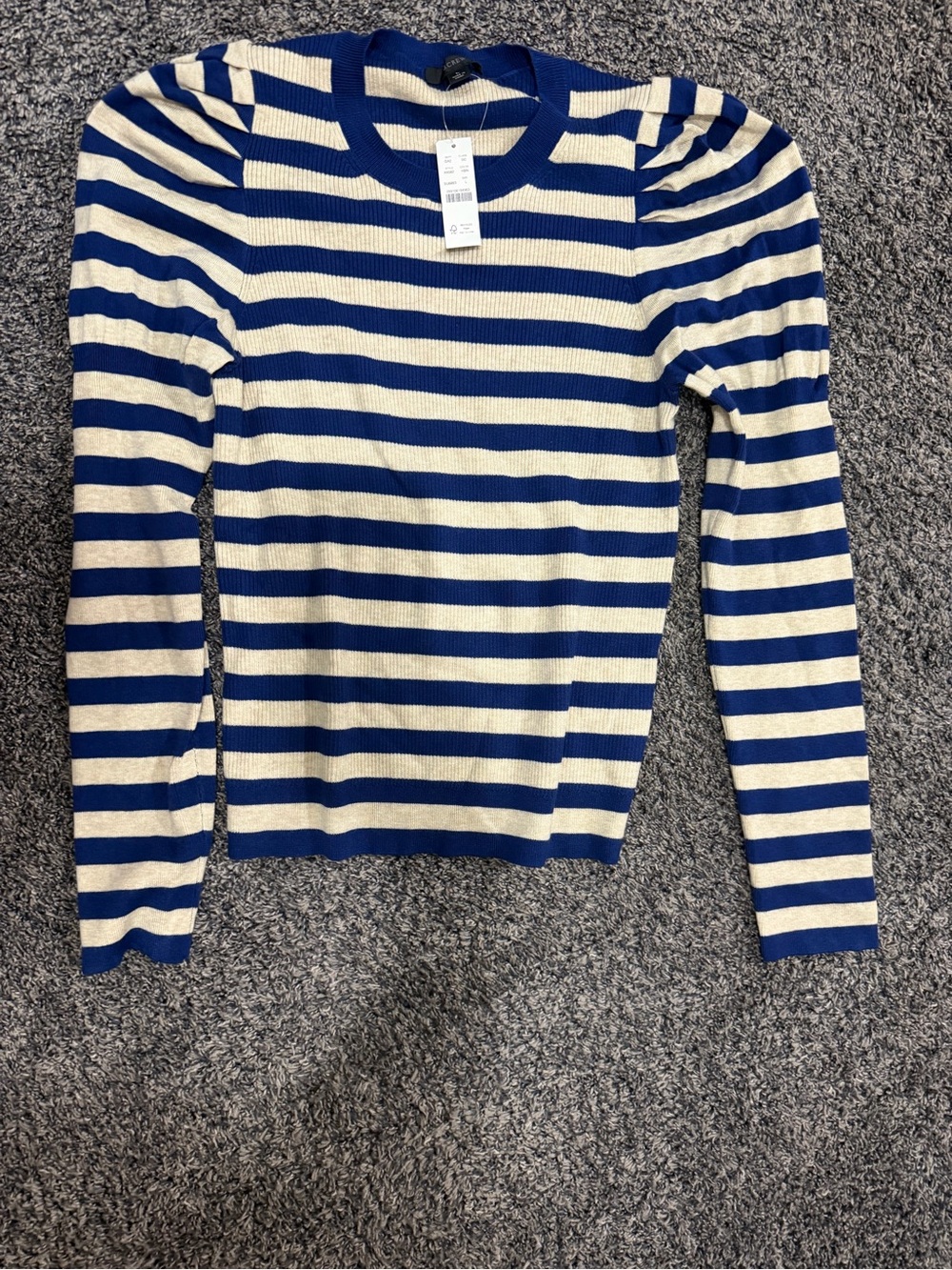 Womens JCrew puff sleeve Striped Crewneck Sweater - Blue & Cream